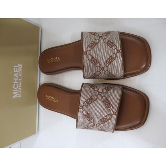 Michael Kors Hayworth Empire Logo Jacquard Slide Sandal Natural Luggage Size 7.5 - Picture 5 of 7